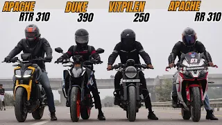 2024 Duke 390 vs Apache RTR 310 vs Apache RR 310 vs Husqvarna Vitpilen 250 Drag Race