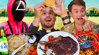 British Priest and Army Commando try all of the Squid Game Food!!