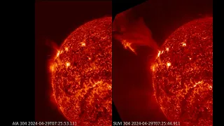 Eruption on the☀️, observed by AIA (L) and SUVI (R), both at the same 30.4 nm wavelength. 29.4.24