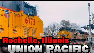 Union Pacific Intermodal Meets Union Pacific Freight Train in Rochelle