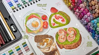 draw with me, food and iced latte illustrations🥪🍓using alcohol-based markers and colored pencils˚✧