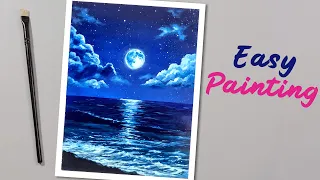 Draw Beautiful Full Moon Cloud Sea Landscape🩵 #easypainting #acrylicpainting