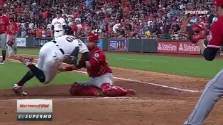 Jake Marisnick DESTROYS Johnathan Lucroy sliding into Home Plate