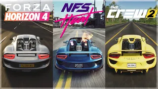 Need For Speed Heat vs Horizon 4 vs The Crew 2 | Porsche 918 Sound & 4K Gameplay Comparison