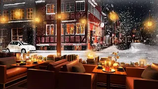 Snowfall Night on Window with Smooth Piano Jazz Music in 4K Coffee Shop to Relax, Work, Study, Sleep