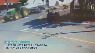 Motociclista bate em traseira de trator e fica ferido