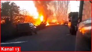 Footage of Russian military convoy hit by HIMARS - KAMAZ are on fire, over 120 soldiers are killed