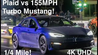 155MPH 9-sec 1/4mi Turbo Mustang vs Gutted Tesla Plaid!! 8-sec car?! Drag Race Action in 4K UHD!