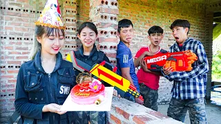 Xgirl Nerf Films: Candy giving Cake Birthday to Cherry & Detective X Girl Nerf Guns Alibaba Team