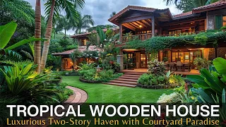 Luxurious Two-Story Haven: Beautiful Tropical Wooden House Courtyard Paradise
