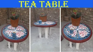 make cement Tea Table idea old tyre and ceramic tiles/ garden cement craft ideas/diy  cement project