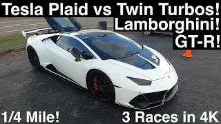 Twin-Turbo Lamborghini Huracan vs Tesla Plaid! Cicio-Tuned Nissan GT-R! 1/4 Mile Action in 4K UHD!