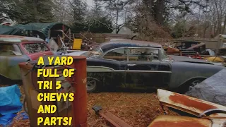 Tri Five grave yard! Walk with me threw a yard full of 1955 1956 1957 Chevrolet cars and parts!