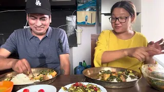 Pork Meet with Raio ko Saag, fried karela ani organic sukeko Dalle Khorsani yummy Mukbang