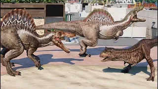 3 Carnotaurus & 2 Spinosaurus Breakout & Fight! Jurassic World Evolution (4K 60FPS)