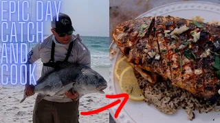 How to Catch & Cook Pompano Weber Kettle Blackened Grilled with Garlic Butter Surf Fishing Florida