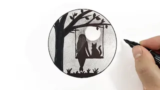 Как нарисовать ПЕЙЗАЖ в круге, Девушка и Кошка