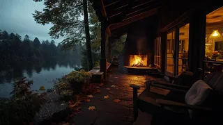 Cozy Rain by Porch on Lakeside with Gentle Rainy sounds falling and Relaxing Fireplace to Relaxation