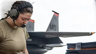 US Crew Chiefs Launching F-15E Strike Eagle Fighter Jets in Support of Northern Edge