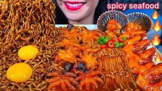 ASMR SPICY SEAFOOD OCTOPUS, SCALLOP, SHRIMP + BLACK BEAN NOODLES, MASSIVE Eating Sounds