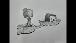 Two Point Perspective ||How to draw a Hut and Tree on a floating island in Two Point Perspective||