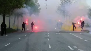 Brøndbyfans tager imod spillerbus på Østerbro