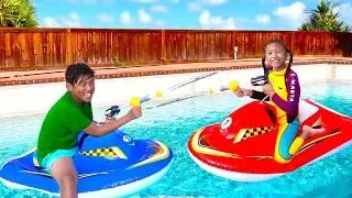 Wendy & Michael Playing with Inflatable Boat Swimming Pool Toy for Children