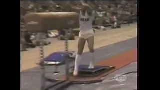 A gymnast accidently crashes into the horse