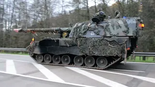 German Pzh 2000 self propelled howitsers on the move during Exercise Celtic Thunder 2022.