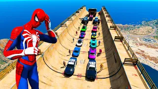 Cars - Moto GTA V Ramps challenge Spiderman and Freddy Krueger Ragdoll Magneto Red Hulk Firetruck