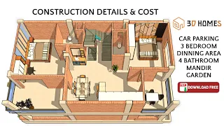 23x45 House Plan | 1035 sqft | 115 Gaj | 3Bhk House with Car Parking | 23x45 Construction Details