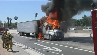 Fire Erupts In Big Rig Cab On 101 Freeway In Hollywood