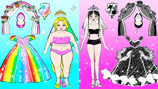 Paper Dolls Dress Up - Fat Rapunzel Vs Black Wednesday Bride Wedding Dress - Barbie Story & Crafts