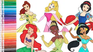 Disney Princess Coloring Book Pages Compilation - Ariel, Tiana, Jasmine, Belle, Aurora, Snow White