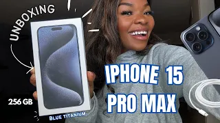 iPhone 15 Pro Max Unboxing! (blue titanium, 256gb, camera test, mini setup & my first impressions)