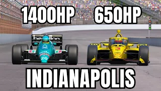 The MOST POWERFUL F1 CAR in History VS INDYCAR On The INDIANAPOLIS OVAL