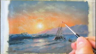 Пишем пейзаж. Айвазовский "Заход солнца на море". Масляная живопись.