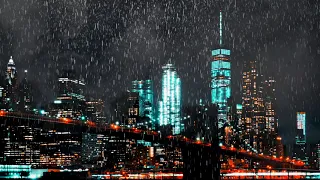 New York City | Brooklyn Bridge At Night | Soundscape with Rain & City Noises | 8Hrs