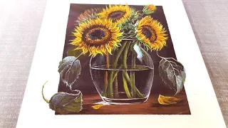 Sunflowers in Glass Vase - Acrylic Painting || Step-by-Step Tutorial For Beginners
