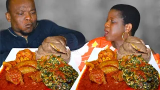 ASMR AMALA AND OKRA SOUP/STEW  SERVED WITH COW SKIN MEAT AFRICAN NIGERIAN FOOD MUKBANG