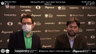 Hikaru Nakamura and Levon Aronian after the final tie-break of the first leg of the FIDE Grand Prix