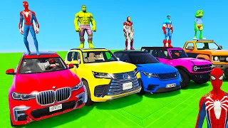 SPIDERMAN CARS Race MEGA Mountain Ramp Challenge ! SUPERHERO HULK Iron Man Goku JEEP Race - GTA V