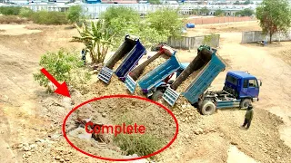 Working To Complete Gap By Bulldozer Pushing Soil & Dump Truck Unloading Land #Truck #Bulldozer