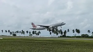 Cocos Keeling Islands runway. Virgin A320 takeoff.