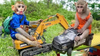 Monkey Baby BiBOn drives A Concrete Mixer and other Toy Vehicles Animal Islands