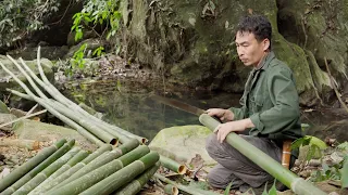 Survival skills in nature, building shelter on a rock and foraging for food in the forest.