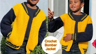 Crochet Varsity Bomber Jacket For Kids And Adults #crochetbomberjacket