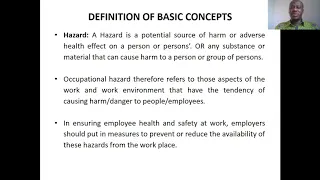 OCCUPATIONAL HEALTH AND SAFETY MANAGEMENT- Basic Concepts Lecture 1