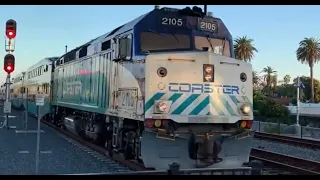 NCTD Coaster F40PHM-2C 2105 arriving at Oceanside, CA w/ Amtrak P42DC 78