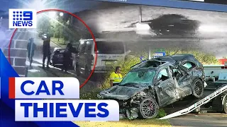 Alleged stolen Mercedes ploughs into concrete wall in Sydney | 9 News Australia